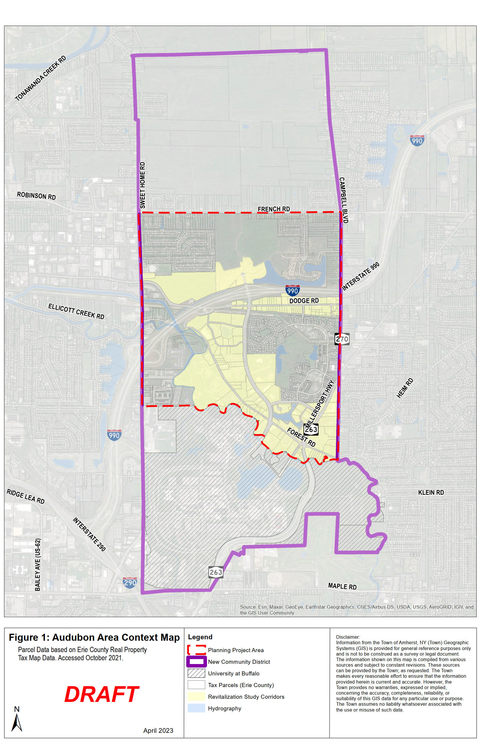 draft audubon area context map. legend displays planning project area, new community district, university at buffalo, tax parcels (erie county), revitalization study corridors, and hydrography